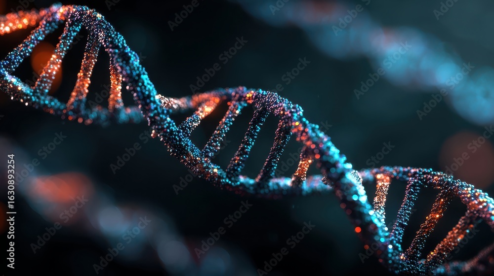 A close up view of a dna strand with blue and orange lights on a dark background in a spiral design A close up view of a dna strand with blue and orange lights on a dark background in a spiral design