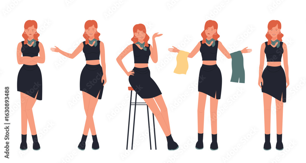 Obraz premium Set of young woman in trendy outfits showing different poses and gestures perfect for fashion, lifestyle, or presentation concepts isolated on white background vector illustration