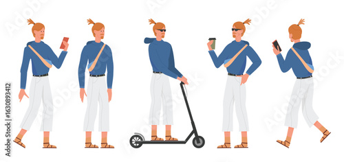 Modern young man in casual clothes holding phone coffee cup riding scooter wearing sunglasses and sandal, perfect for lifestyle or city concepts isolated on white background vector illustration