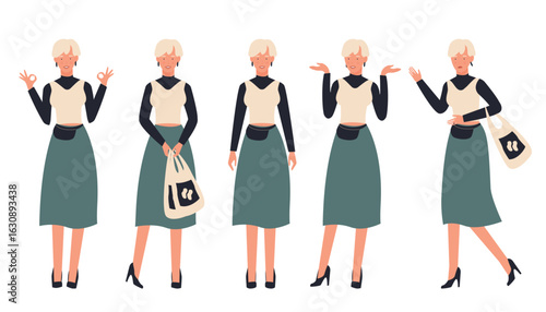 Modern young blond woman in stylish outfit showing different poses and gestures, perfect for lifestyle, fashion, or character design concepts isolated on white background vector illustration