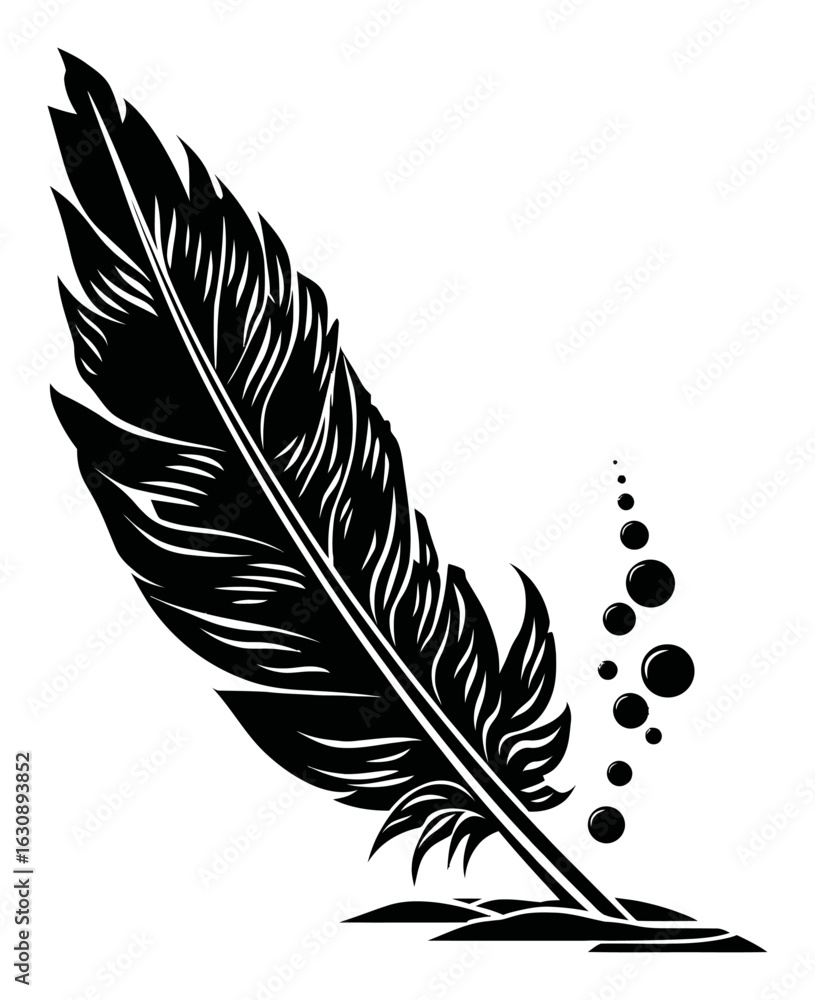 Fototapeta premium Elegant Feather Quill with Ink Droplets for Artistic Illustration