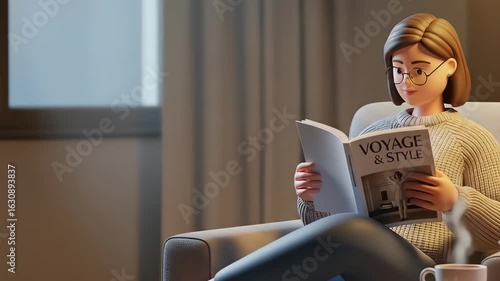3d illustration of a woman is comfortably seated in an armchair, engrossed in reading a magazine, with a teapot and cup on a table nearby, creating a cozy and relaxing atmosphere at home