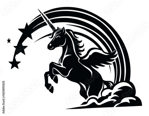 Majestic Unicorn Rearing with Rainbow and Stars in Engraving Style
