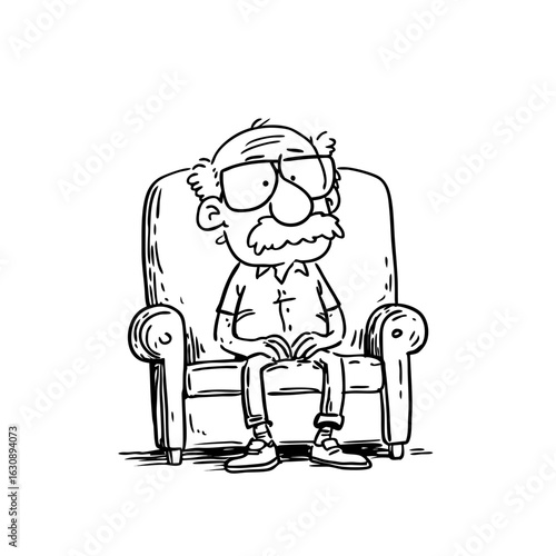 Eldery man with glasses and mustache sitting in an armchair during retirement. Doodle style. Vector illustration for greeting card, poster