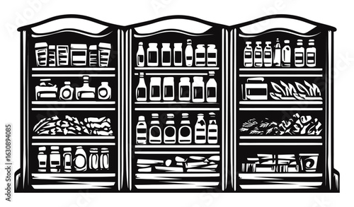 Detailed Engraving of Vintage Grocer's Shelves with Various Products