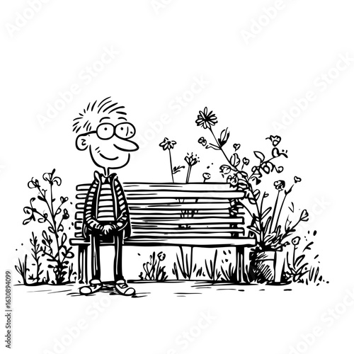 Cartoon funny character man with glasses standing near park bench, surrounded by plants and flowers. Black and white vector illustration with happy concept for web design or print