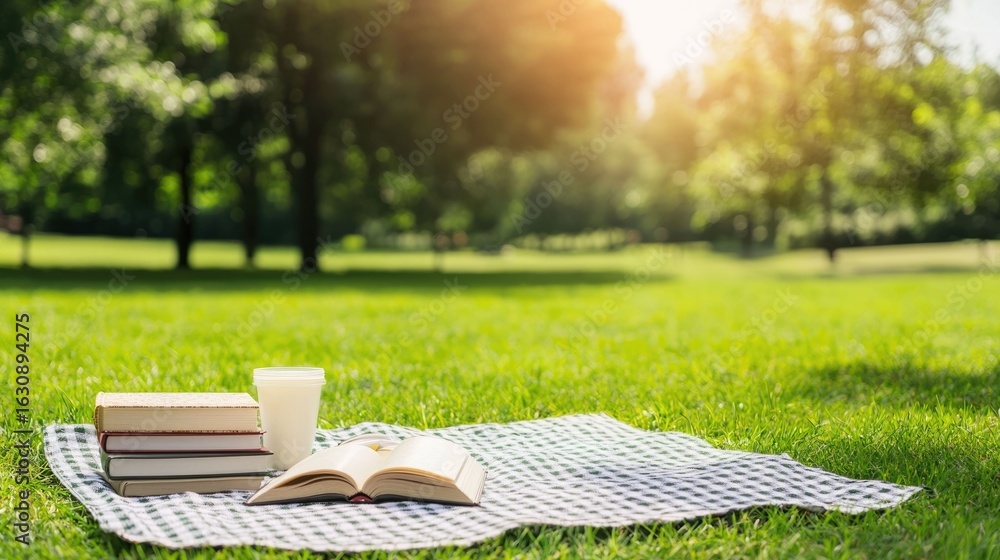 Fototapeta premium Peaceful park setting with picnic blanket gardening books and lush green grass under the warm golden sunlight A tranquil natural scene inviting relaxation contemplation