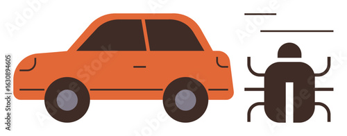 Orange car beside human-thumbs up figure with mechanical limbs, conveying driverless systems. Ideal for technology, innovation, AI, mobility, innovation, automation, transportation simple flat