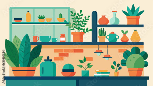 A kitchen with open shelves filled with ceramic planters and herb gardens bringing a touch of the tropics into meal prep.