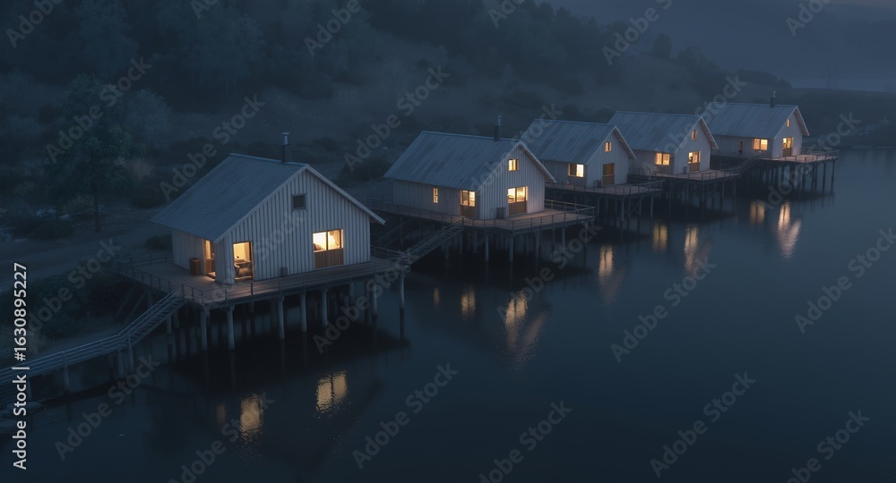 Naklejka premium Tranquil Lakeside Cabins Illuminated at Dusk, Reflecting in Still Water