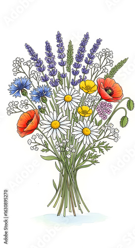 Colorful Wildflower Bouquet Illustration with Lavender Daisies Poppies and Baby's Breath
