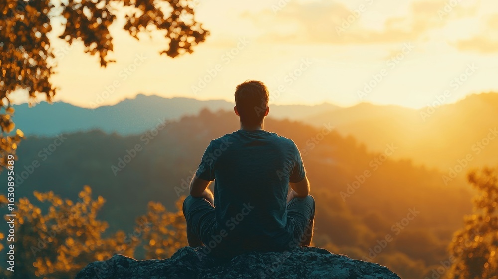 Obraz premium Silhouetted hiker sitting on a rocky outcrop enjoying the serene and majestic mountain landscape during the golden hour Warm atmospheric light filters through the trees