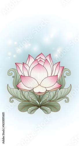 Elegant Pink Lotus Flower with Green Leaves Surrounded by Soft Light and Sparkles