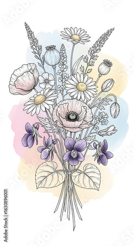 Watercolor Floral Bouquet with Daisies Poppies and Violet Flowers in Soft Pastel Tones