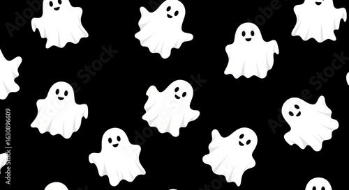 Photo of seamless halloween pattern with cute white ghosts on a black background perfect for festive decorations and spooky designs