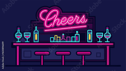 A neon sign above the bar read Cheers in bright neon lights.