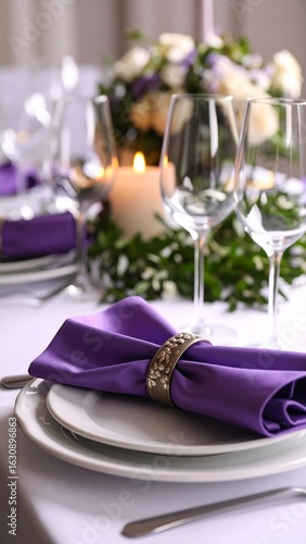 Elegant purple table setting with floral arrangements