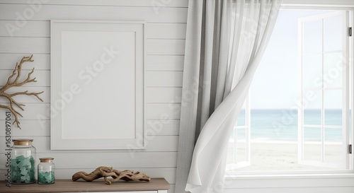 Fototapeta Naklejka Na Ścianę i Meble -  Blank frame mockup in a coastal beach house interior with an ocean view window.