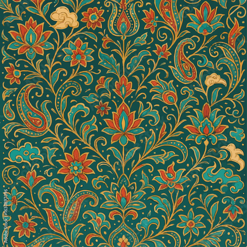 Intricate Persian floral motif with paisley patterns in rich teal, gold, and red tones, inspired by traditional Iranian decorative arts, perfect for textiles, wallpapers, and cultural design projects