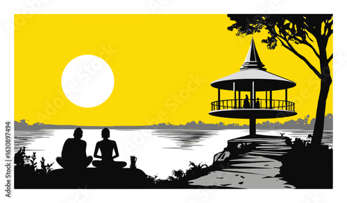 Serene Lake View with Human Silhouettes at Sunset in Vector Illustration