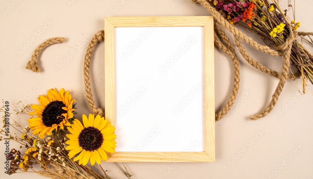 Obraz premium Blank wooden frame surrounded by dried flowers and twine, on a beige background.