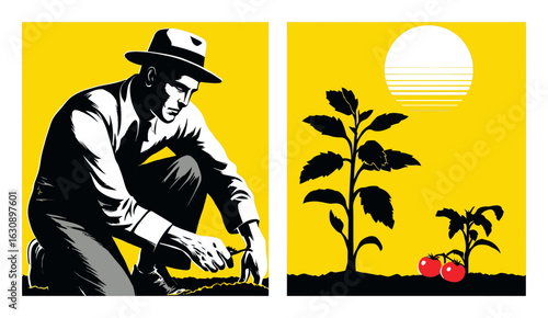 Vintage Gardening Illustration Featuring Planting and Sunlight Scene