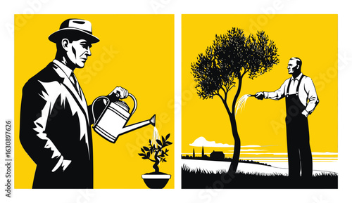Vintage Style Illustration of Man Watering Plants in Two Panels