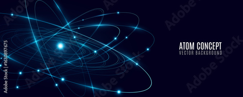 Atomic structure concept for scientific research presentation cover. Glowing atom featuring blue elliptical rings circling a radiant central core on black background. Vector illustration.