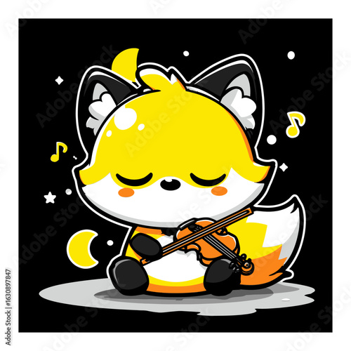 Adorable Cartoon Fox Playing Violin on a Starry Night Background