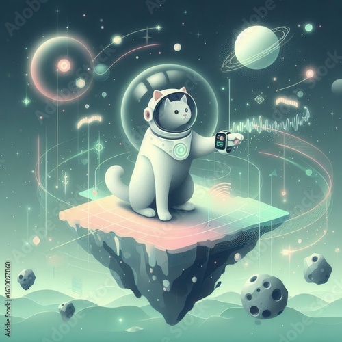A cute little cartoon bear astronaut and alien flying through a snowy winter night sky with stars