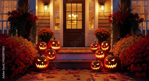 Photo of illuminated jack o lanterns and fall mums decorate a front porch for a festive halloween celebration