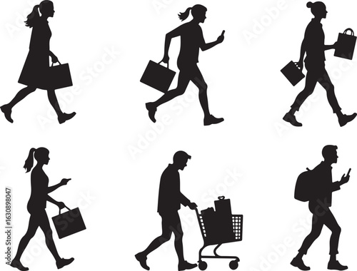 People with bags and phones rushing through daily life