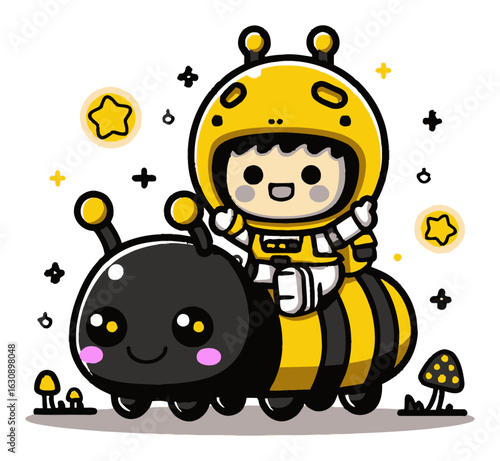 Cute Cartoon Child in Space Suit Riding a Cheerful Bee Character