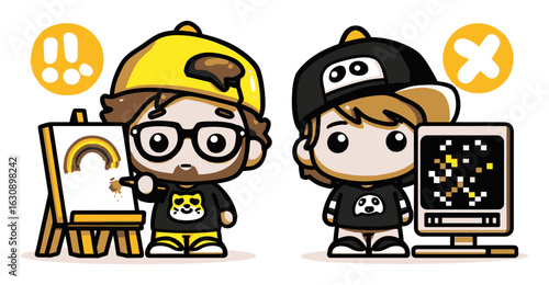 Playful Cartoon Characters Engaging with Art and Technology Themes