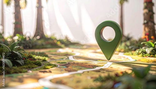A green location marker hovers above a whimsical map depicting a winding path through a lush forest