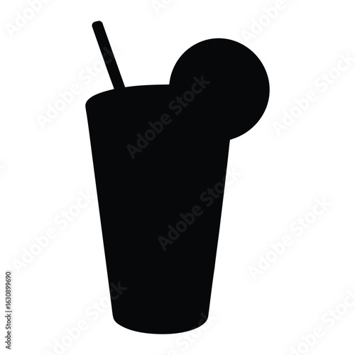 Black silhouette of a tall glass with straw and lemon slice drink beverage