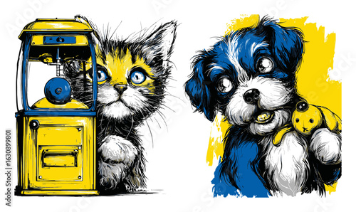 Hand-Drawn Cat and Dog Illustration with Vibrant Colors and Retro Style