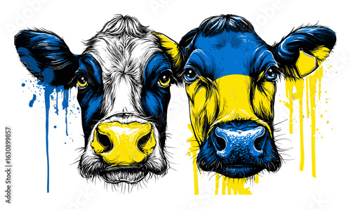 Hand-Drawn Illustration of Two Colorful Cows with Blue and Yellow Design