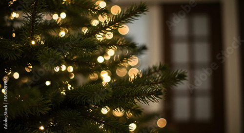 Wallpaper Mural Close up of a christmas tree with glowing lights and a blurred door in the background indoors Torontodigital.ca