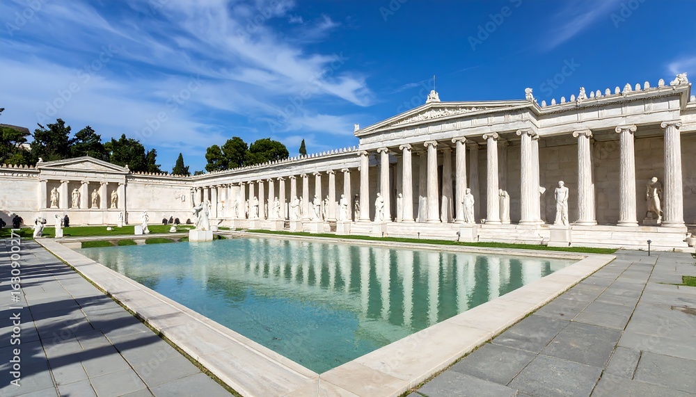 Fototapeta premium Ancient Greek-style building complex, reflecting pool