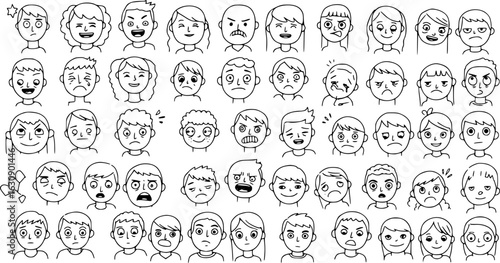 Detailed Hand-Drawn Cartoon Faces Collection Depicting a Wide Range of Human Emotions and Facial Expressions