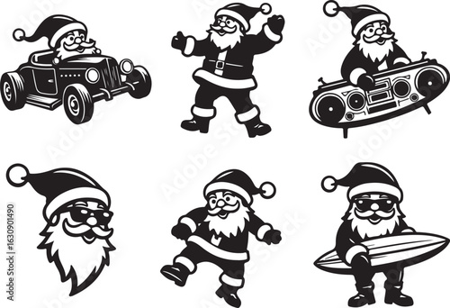 Cool Santa Claus collection with car, boombox, surfboard, and dancing