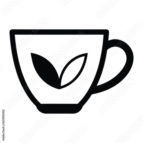 Black and white icon of a teacup with two leaves inside drink beverage