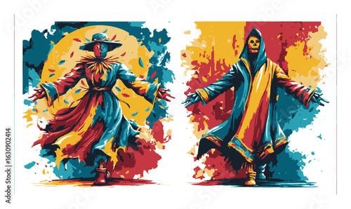 Vibrant Abstract Illustration of Scarecrow and Mysterious Figure