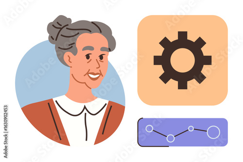 Elderly woman portrait with gear and analytics visuals. Ideal for innovation, technology, data, leadership, education, progress, mentorship. Balanced design for simple flat metaphor