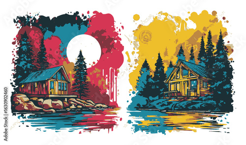 Colorful Abstract Illustration of Cabins by Water with Nature Surroundings