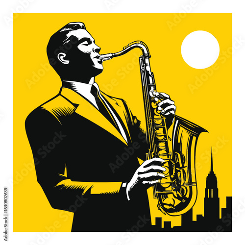 Vintage Jazz Musician Playing Saxophone in Bold Yellow Graphic Design