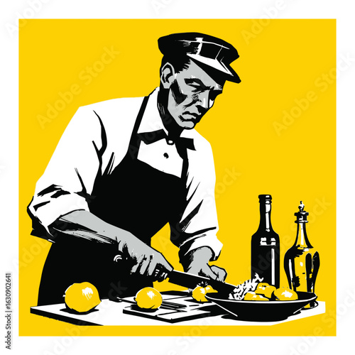 Vintage Chef Prepares Fresh Ingredients in Retro Kitchen Illustration