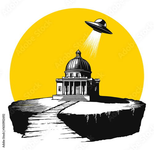 UFO Hovering Above Historical Building in Black and Yellow Illustration