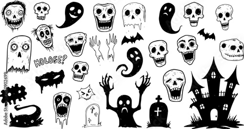 A diverse collection of spooky hand-drawn Halloween illustrations featuring ghosts, skulls, monsters, haunted houses, and creepy creatures on a white background.